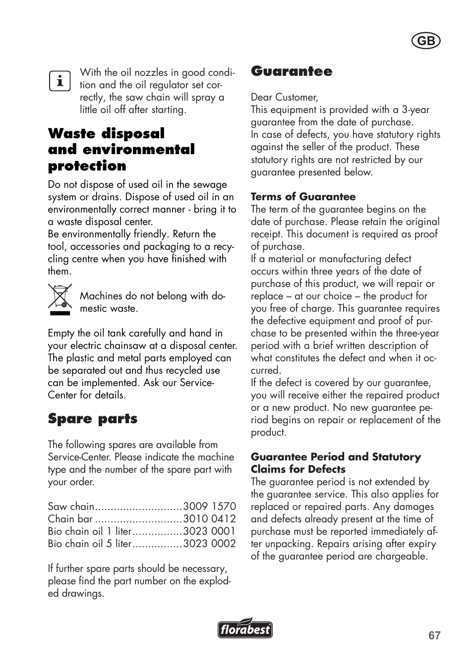 Waste disposal and environmental protection, Spare parts, Guarantee | Florabest FKS 2200 B1 User Manual | Page 67 / 76