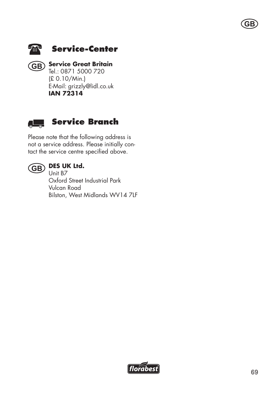 Service-center, Service branch | Florabest FKS 2200 B1 User Manual | Page 69 / 76
