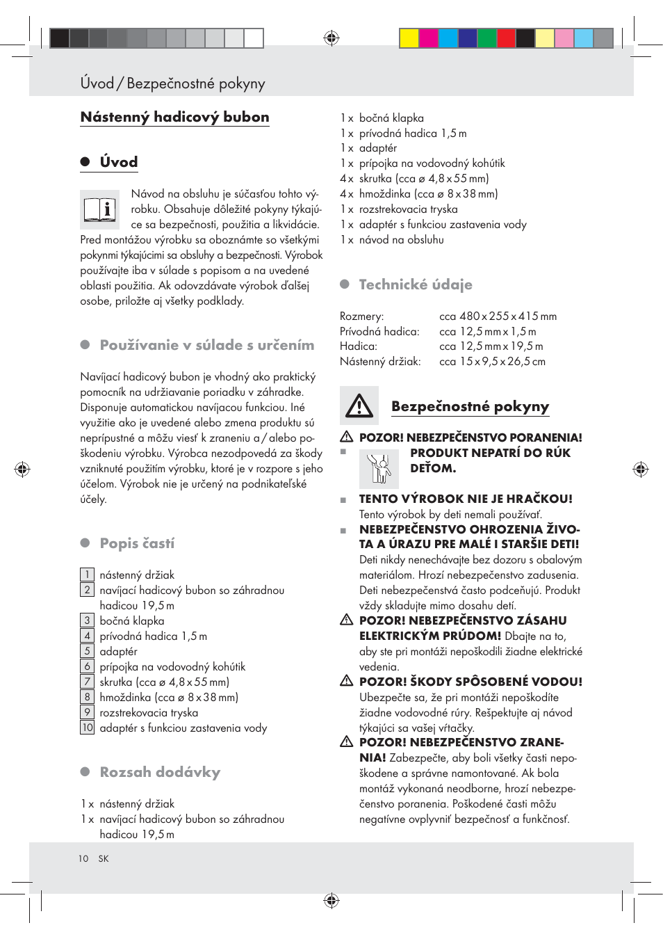 Úvod / bezpečnostné pokyny, Nástenný hadicový bubon, Úvod | Používanie v súlade s určením, Popis častí, Rozsah dodávky, Technické údaje, Bezpečnostné pokyny | Florabest Z23463 User Manual | Page 10 / 27
