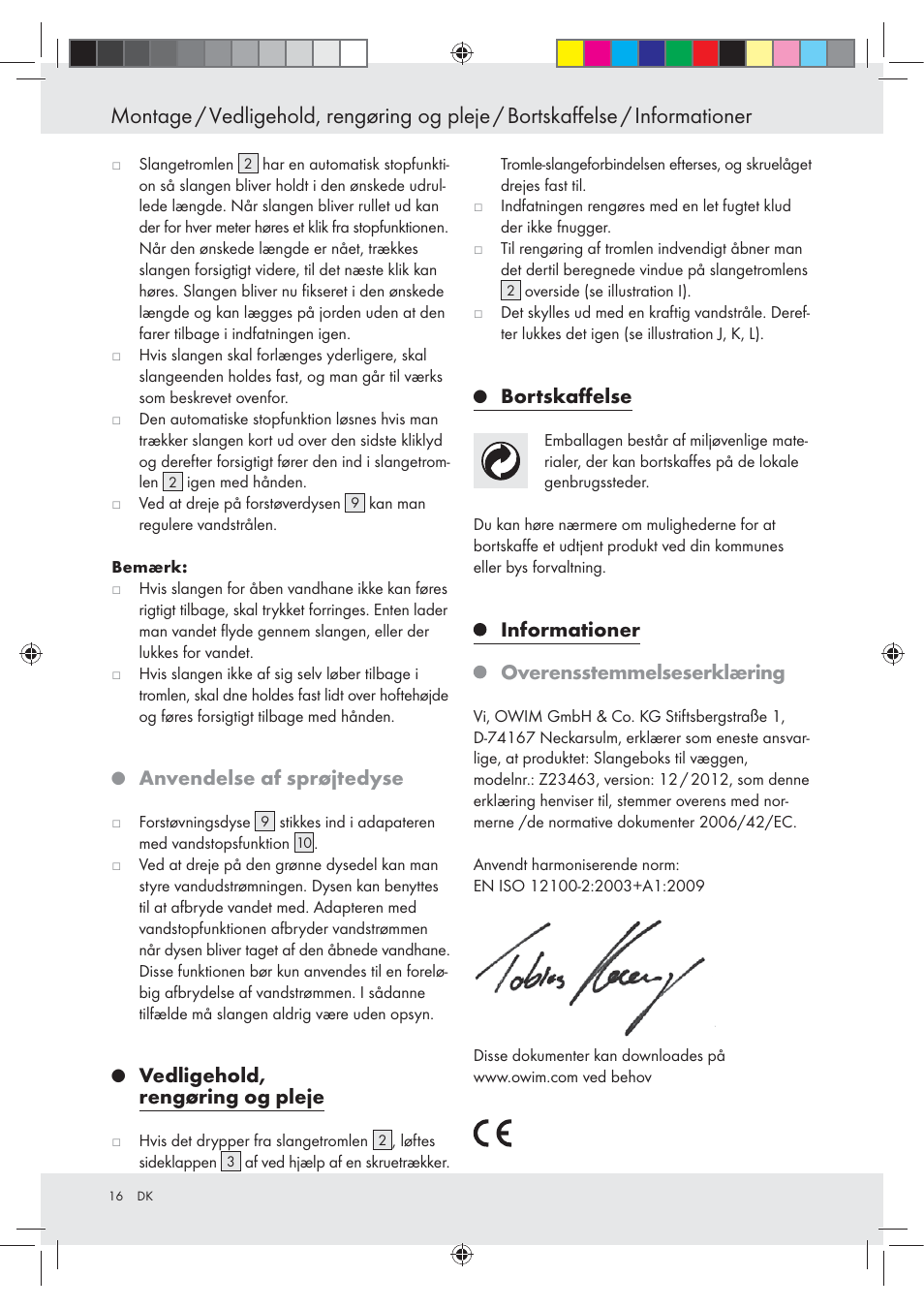 Anvendelse af sprøjtedyse, Vedligehold, rengøring og pleje, Bortskaﬀelse | Informationer overensstemmelseserklæring | Florabest Z23463 User Manual | Page 16 / 27
