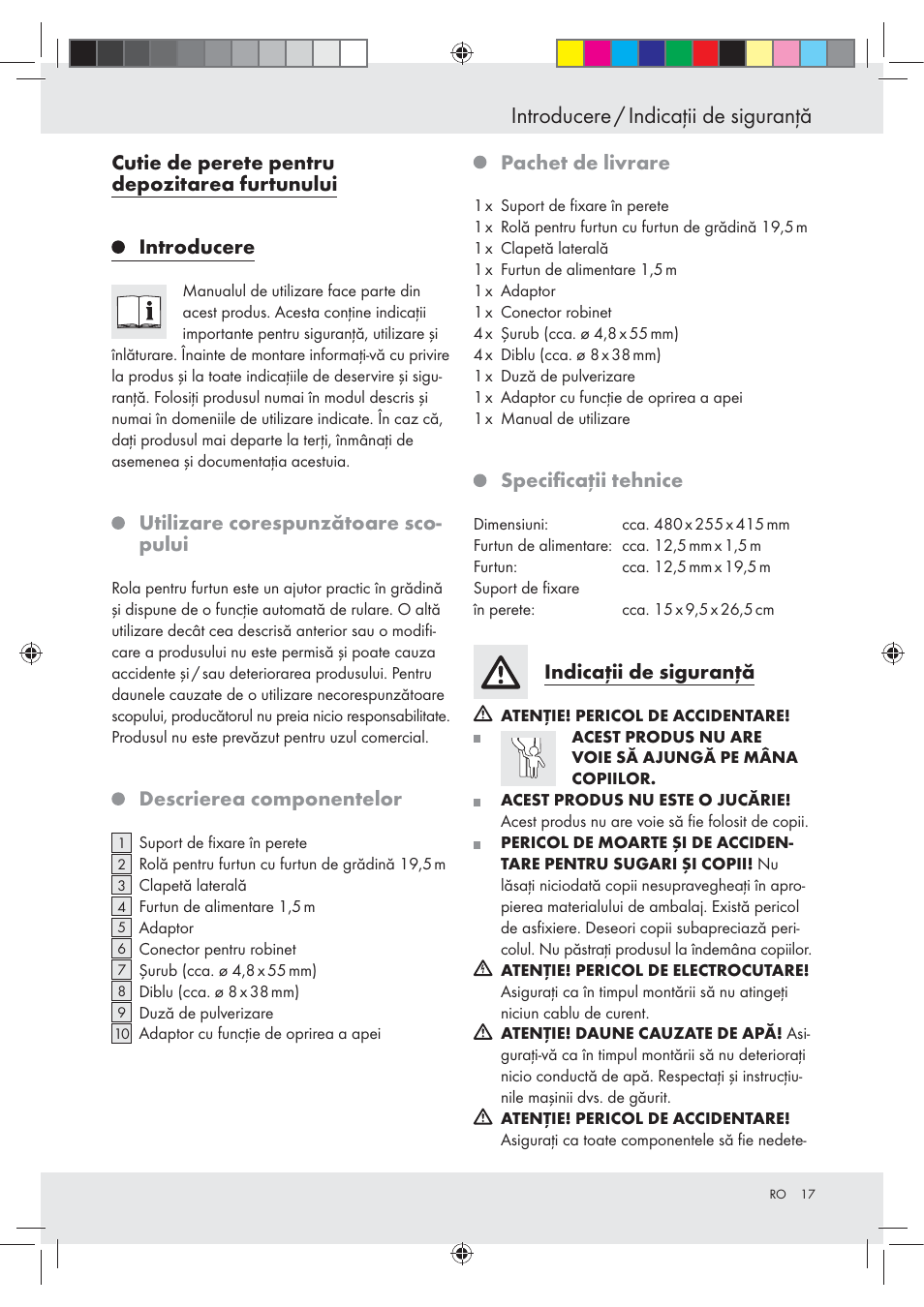 Introducere / indicaţii de siguranţă, Utilizare corespunzătoare sco- pului, Descrierea componentelor | Pachet de livrare, Speciﬁcaţii tehnice, Indicaţii de siguranţă | Florabest Z23463 User Manual | Page 17 / 27