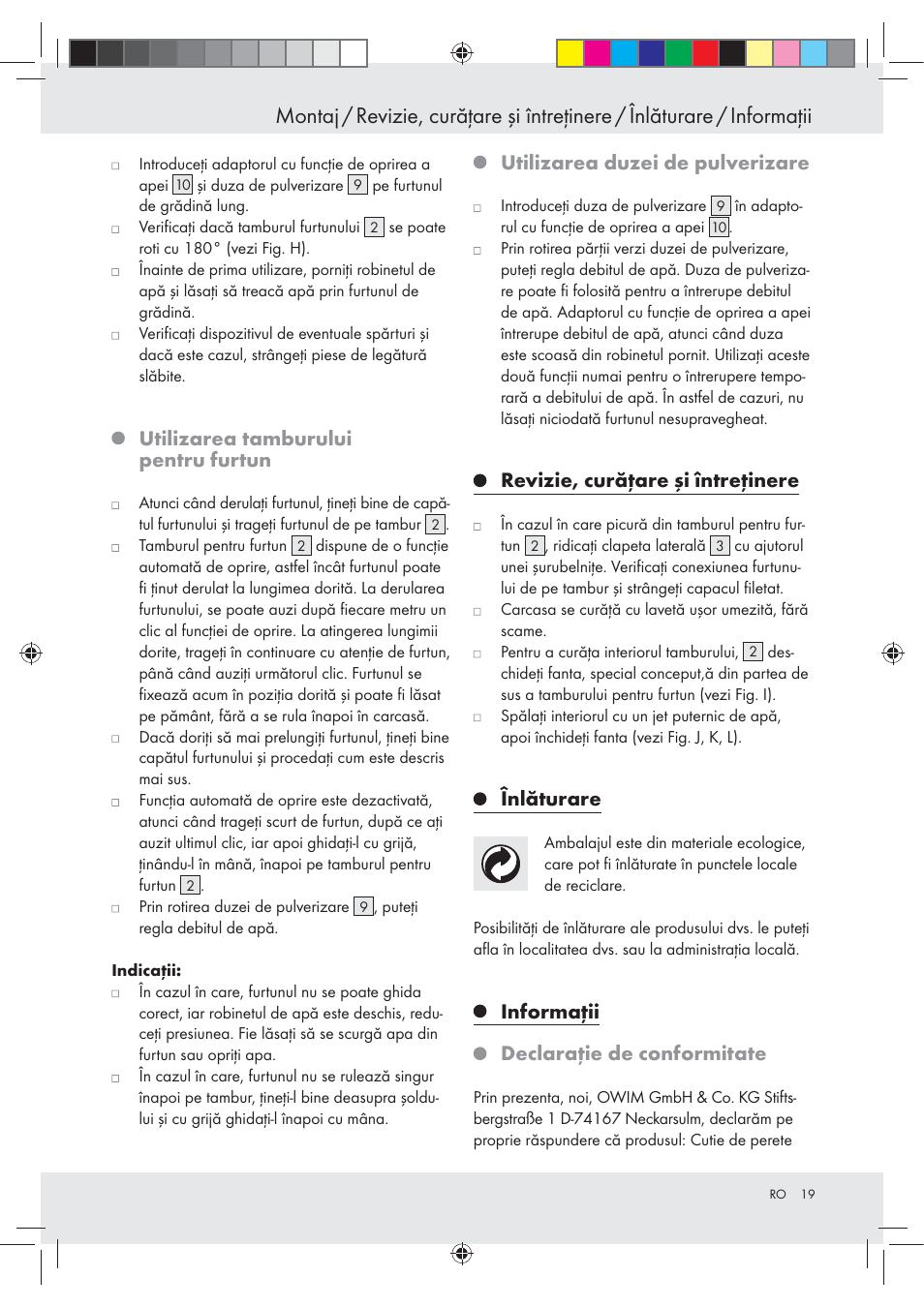 Utilizarea tamburului pentru furtun, Utilizarea duzei de pulverizare, Revizie, curăţare şi întreţinere | Înlăturare, Informaţii declaraţie de conformitate | Florabest Z23463 User Manual | Page 19 / 27