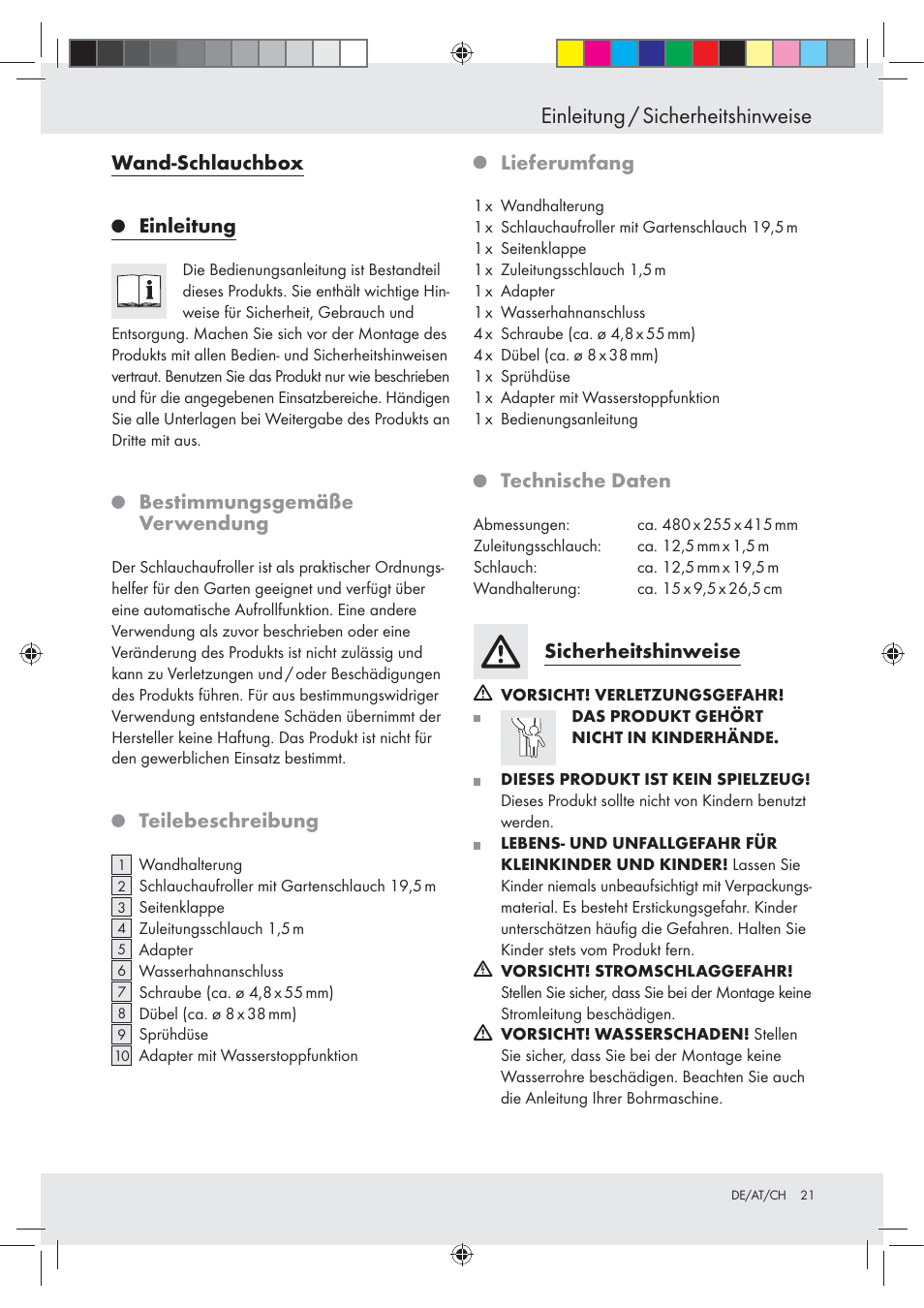 Einleitung / sicherheitshinweise, Wand-schlauchbox einleitung, Bestimmungsgemäße verwendung | Teilebeschreibung, Lieferumfang, Technische daten, Sicherheitshinweise | Florabest Z23463 User Manual | Page 21 / 27