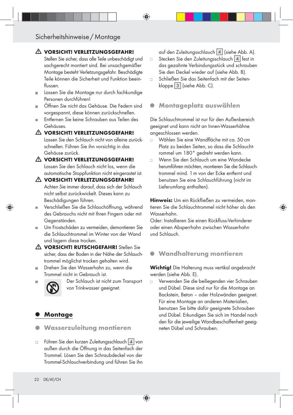 Sicherheitshinweise / montage, Montage wasserzuleitung montieren, Montageplatz auswählen | Wandhalterung montieren | Florabest Z23463 User Manual | Page 22 / 27