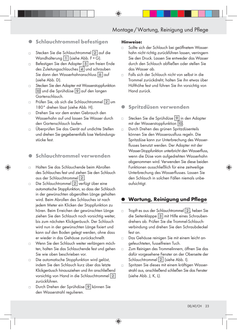 Montage / wartung, reinigung und pflege, Schlauchtrommel befestigen, Schlauchtrommel verwenden | Spritzdüsen verwenden, Wartung, reinigung und pﬂege | Florabest Z23463 User Manual | Page 23 / 27