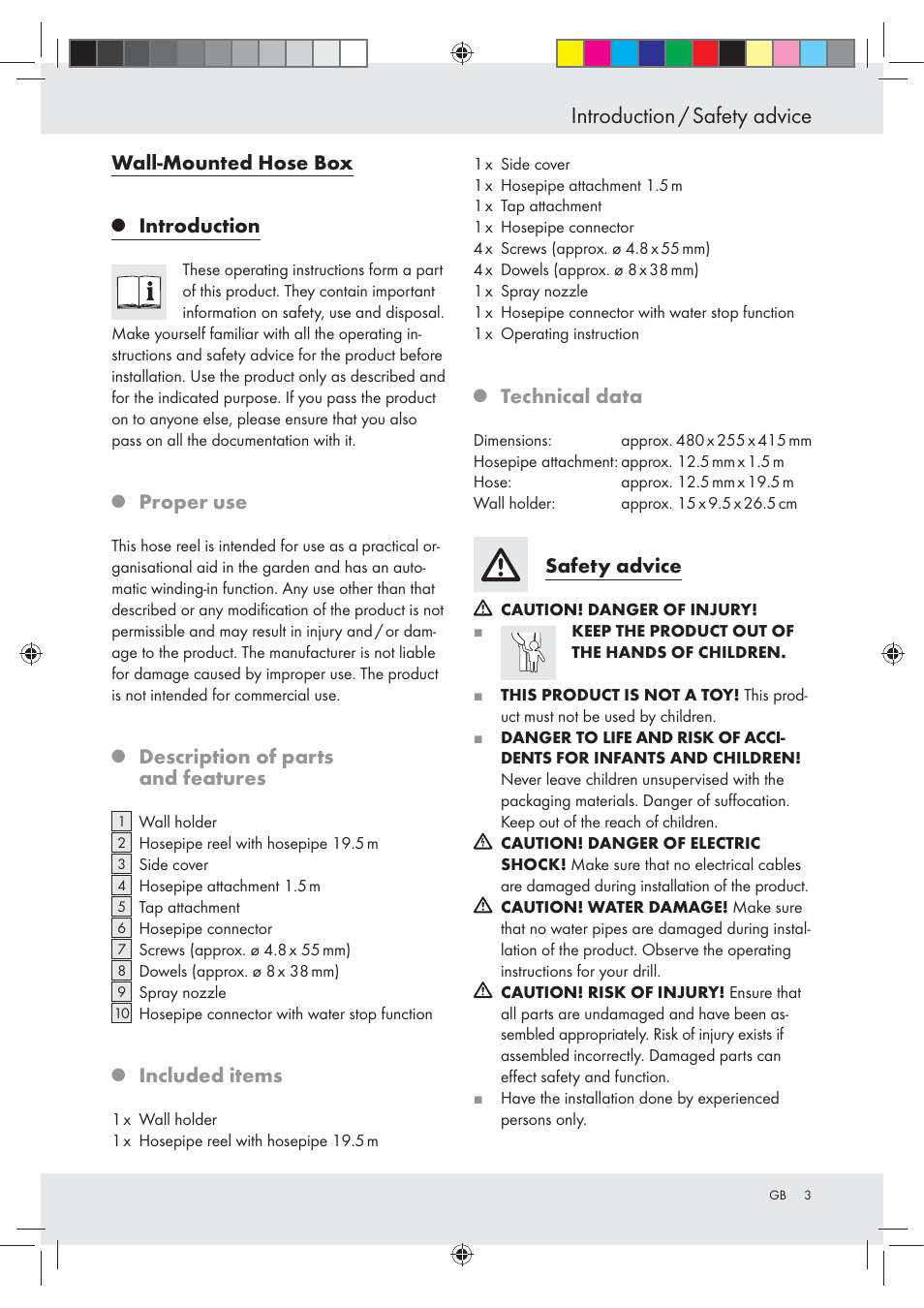 Introduction / safety advice, Wall-mounted hose box, Introduction | Proper use, Description of parts and features, Included items, Technical data, Safety advice | Florabest Z23463 User Manual | Page 3 / 27