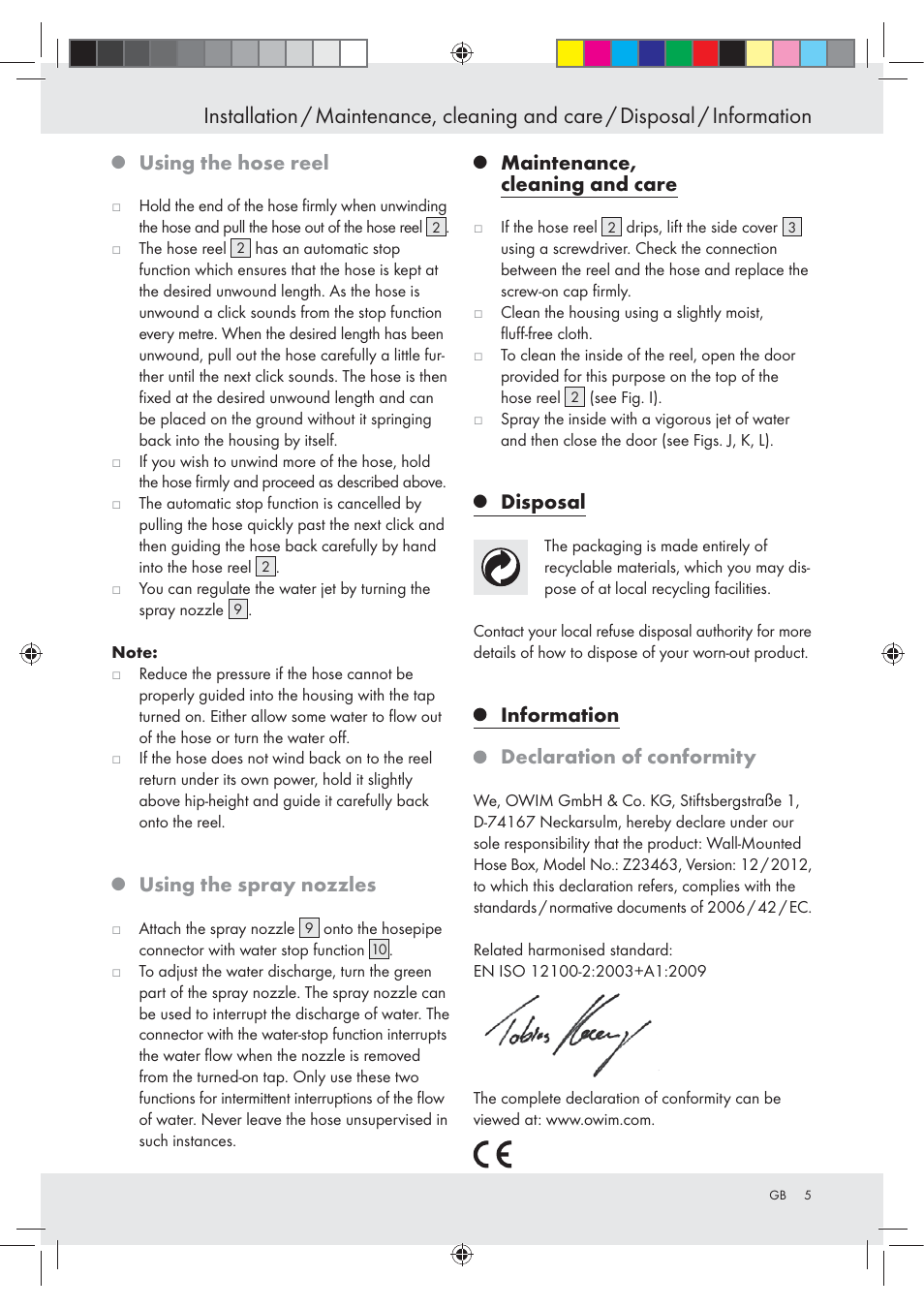 Using the hose reel, Using the spray nozzles, Maintenance, cleaning and care | Disposal, Information declaration of conformity | Florabest Z23463 User Manual | Page 5 / 27