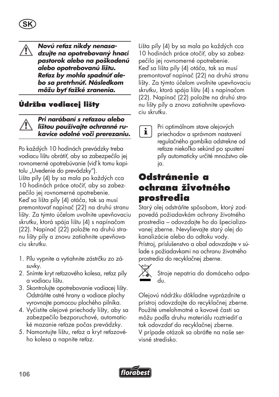 Odstránenie a ochrana životného prostredia | Florabest FKS 2200 B1 User Manual | Page 106 / 140