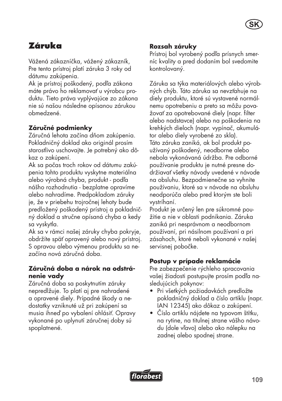 Záruka | Florabest FKS 2200 B1 User Manual | Page 109 / 140