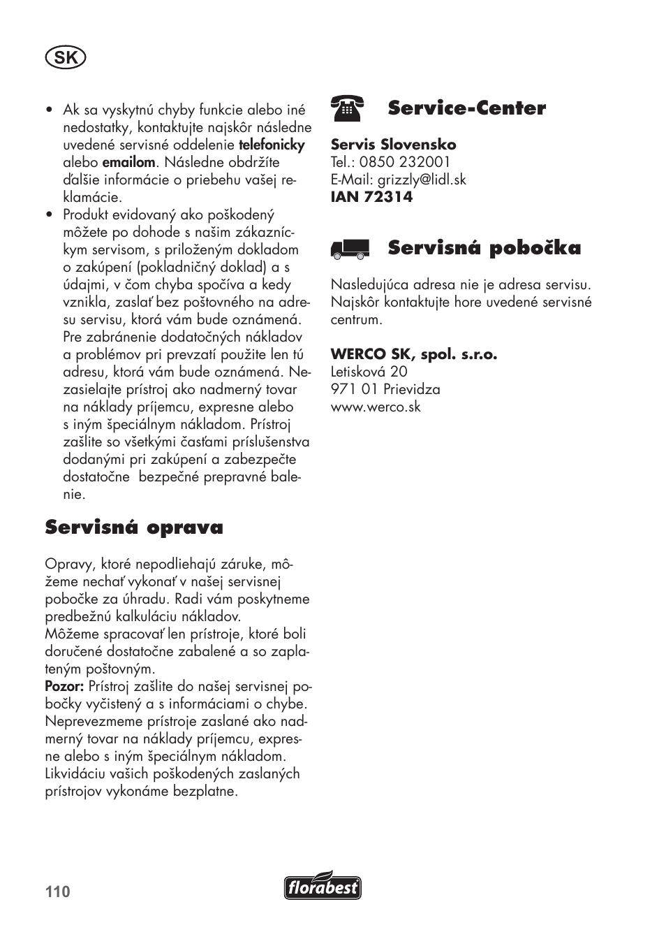 Servisná oprava, Service-center, Servisná pobočka | Florabest FKS 2200 B1 User Manual | Page 110 / 140