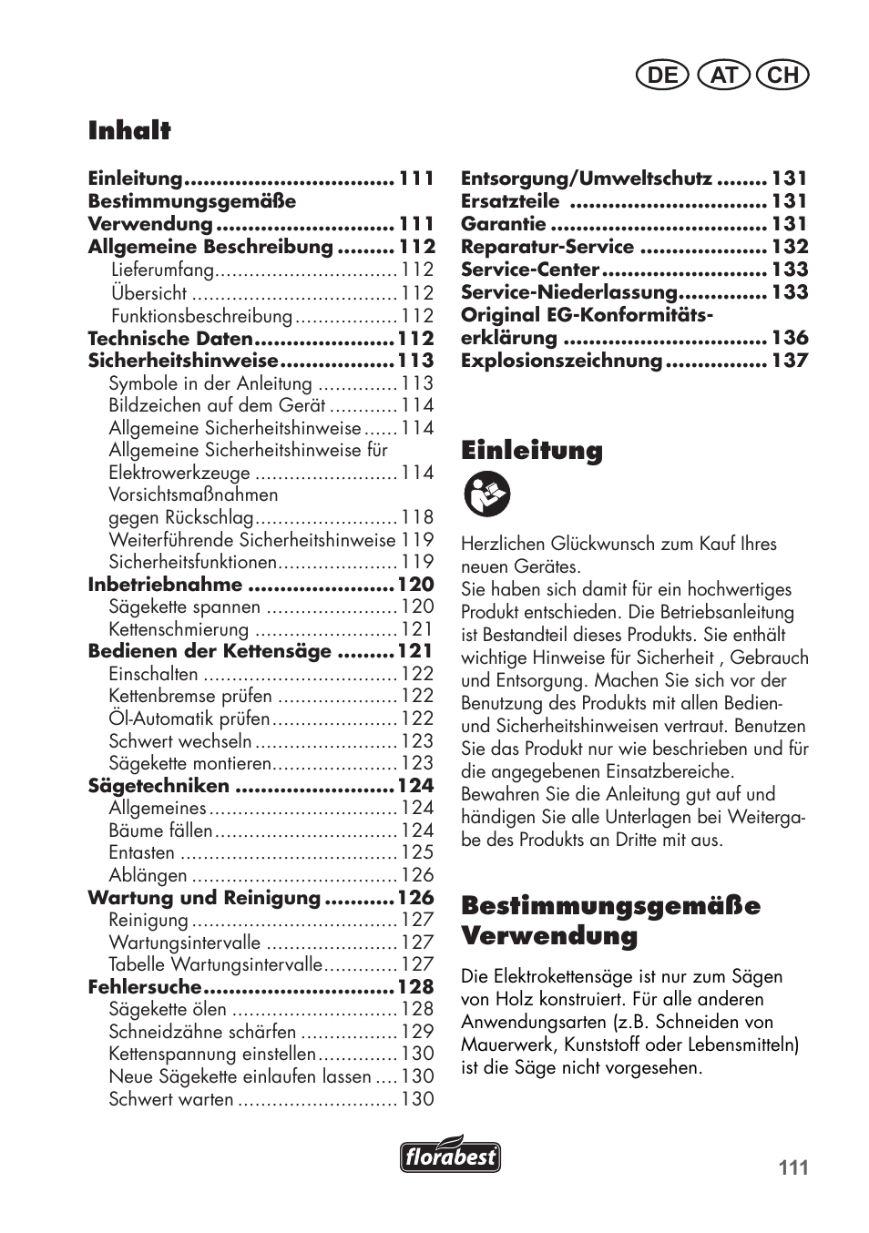 Einleitung, Bestimmungsgemäße verwendung, Inhalt | At ch de | Florabest FKS 2200 B1 User Manual | Page 111 / 140