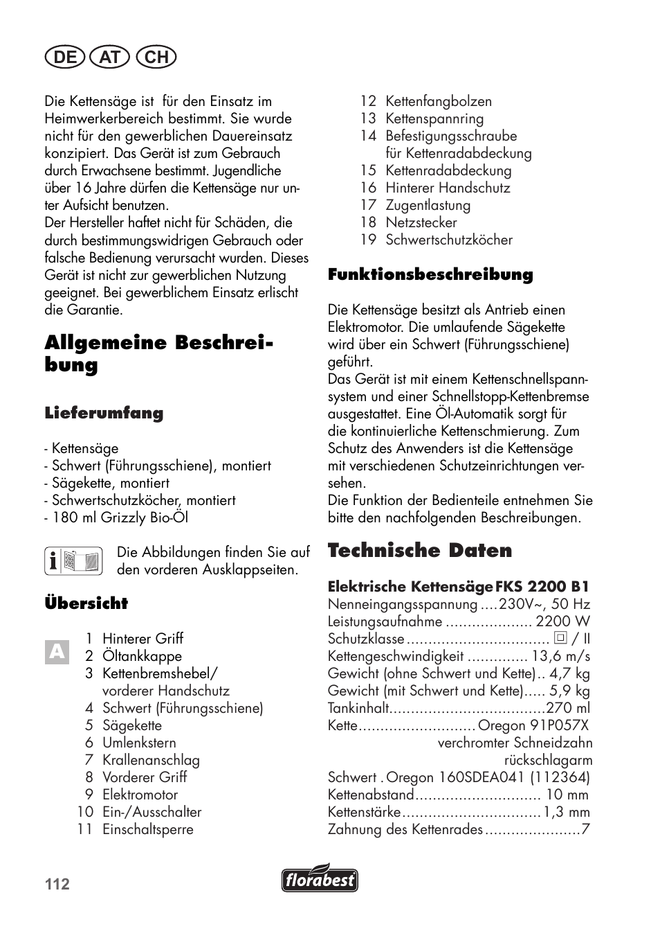 Allgemeine beschrei- bung, Technische daten, De at ch | Florabest FKS 2200 B1 User Manual | Page 112 / 140