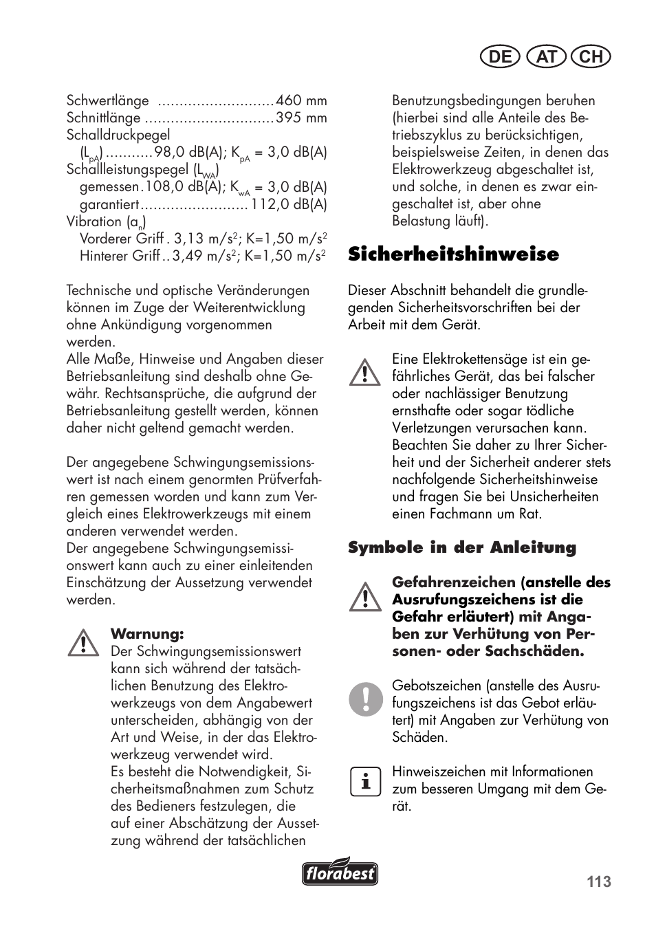 Sicherheitshinweise, At ch de | Florabest FKS 2200 B1 User Manual | Page 113 / 140