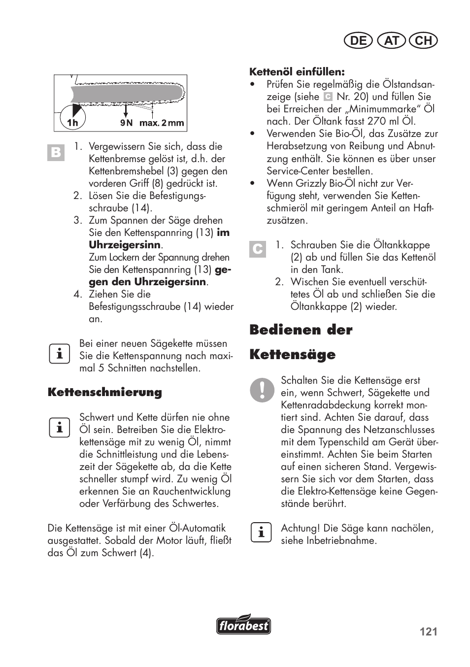 Bedienen der kettensäge, At ch de | Florabest FKS 2200 B1 User Manual | Page 121 / 140