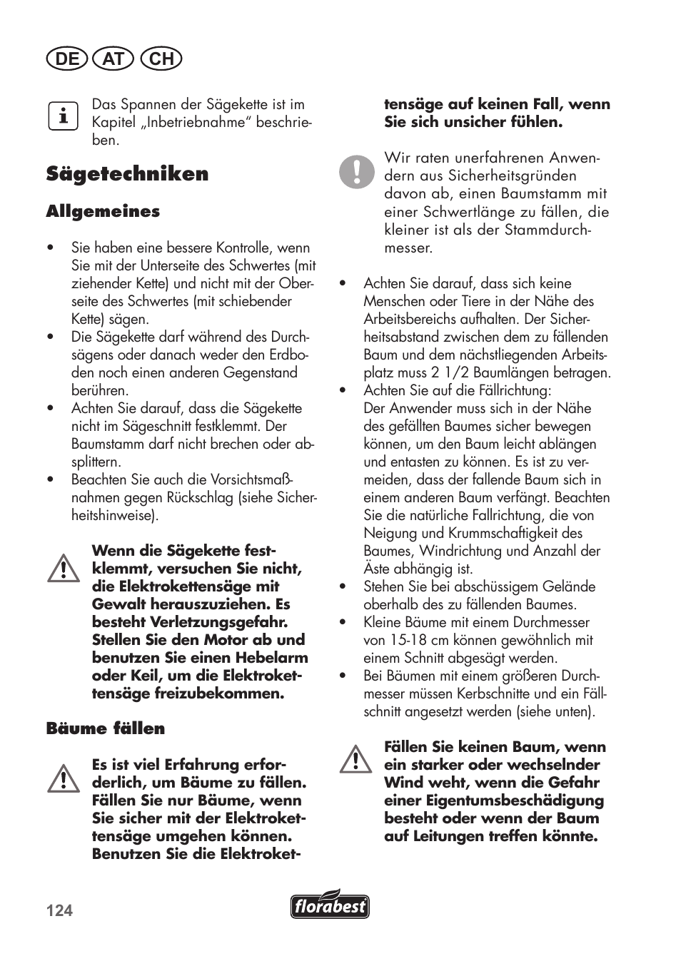 Sägetechniken, De at ch | Florabest FKS 2200 B1 User Manual | Page 124 / 140