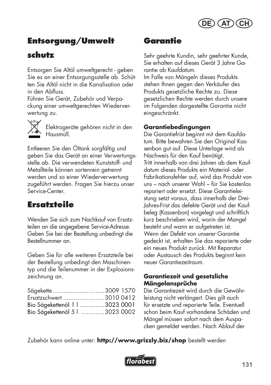 Entsorgung/umwelt schutz, Ersatzteile, Garantie | At ch de | Florabest FKS 2200 B1 User Manual | Page 131 / 140