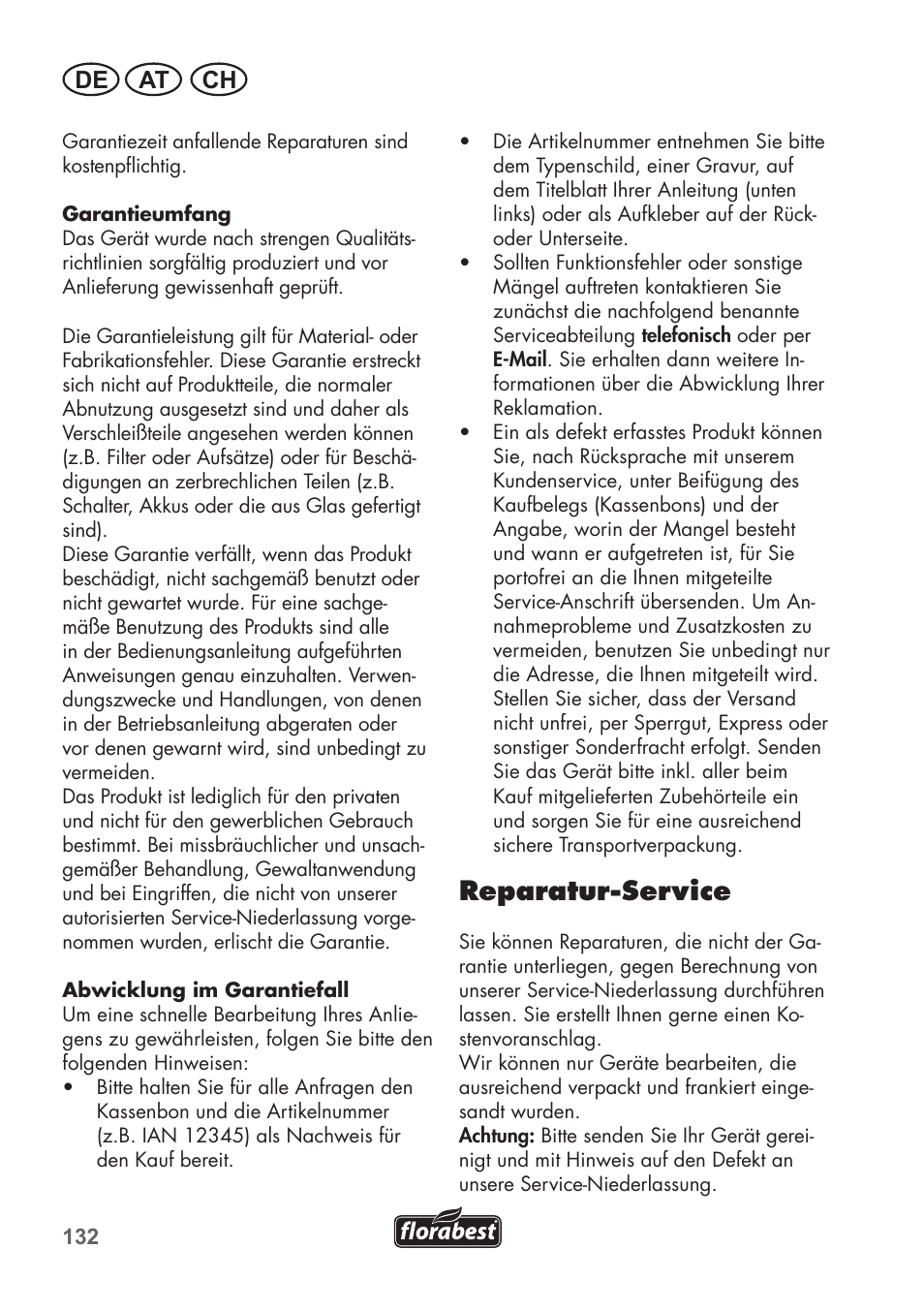 Reparatur-service, De at ch | Florabest FKS 2200 B1 User Manual | Page 132 / 140