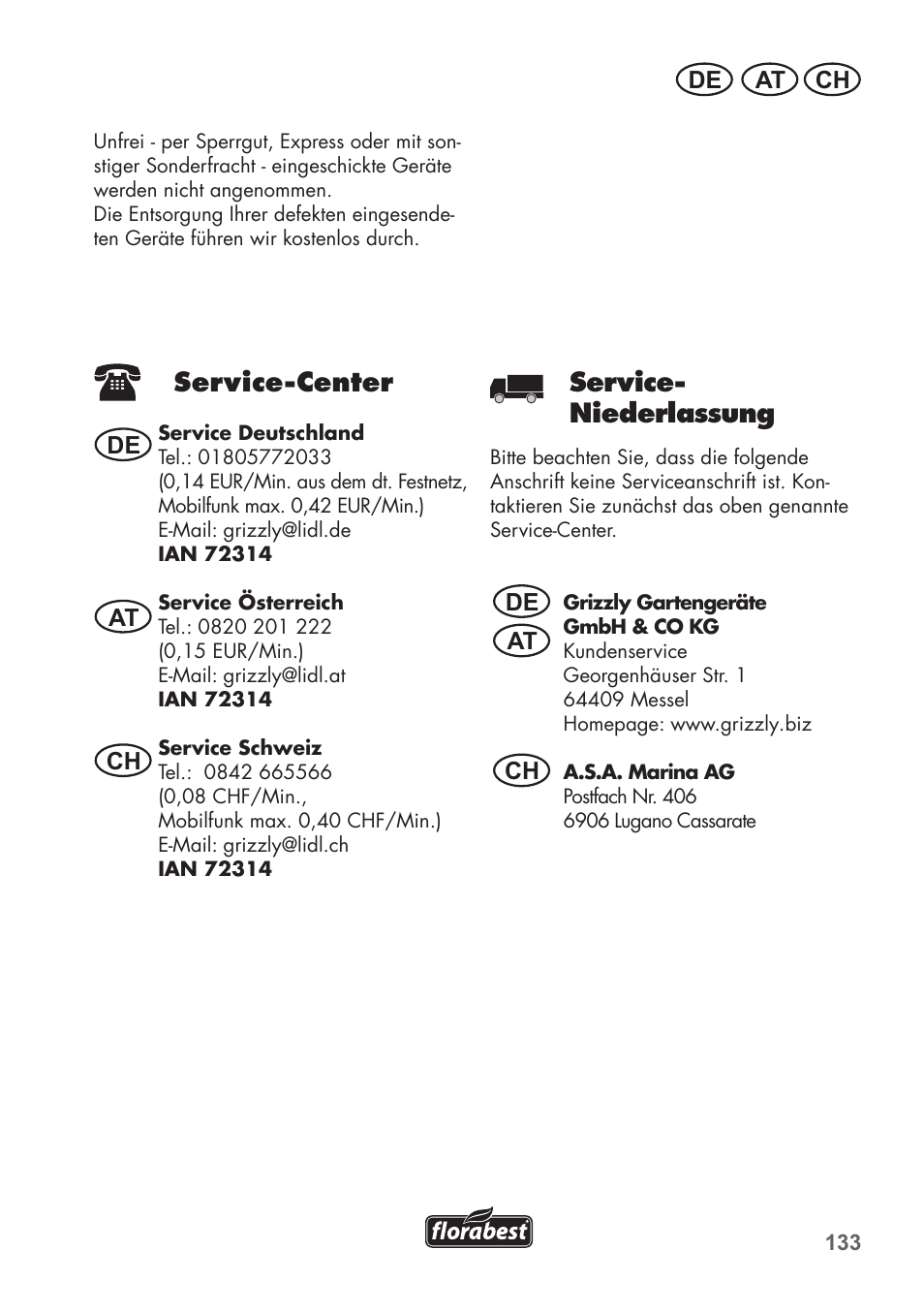 Service-center, Service- niederlassung, At ch de | De at at ch ch | Florabest FKS 2200 B1 User Manual | Page 133 / 140