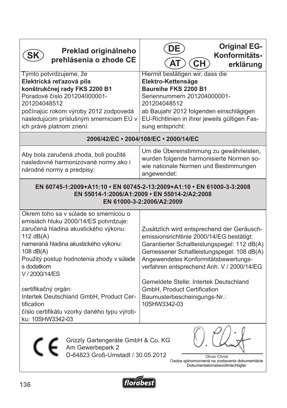 Sk de at ch | Florabest FKS 2200 B1 User Manual | Page 136 / 140