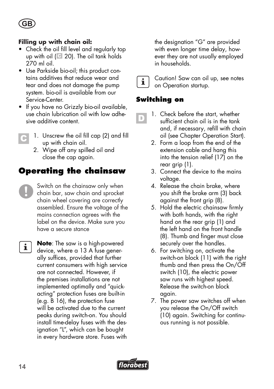 Operating the chainsaw | Florabest FKS 2200 B1 User Manual | Page 14 / 140