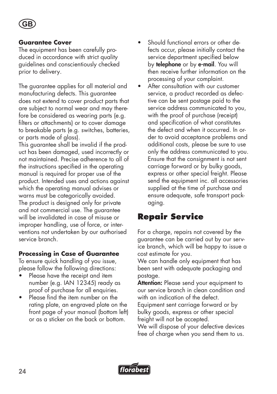 Repair service | Florabest FKS 2200 B1 User Manual | Page 24 / 140