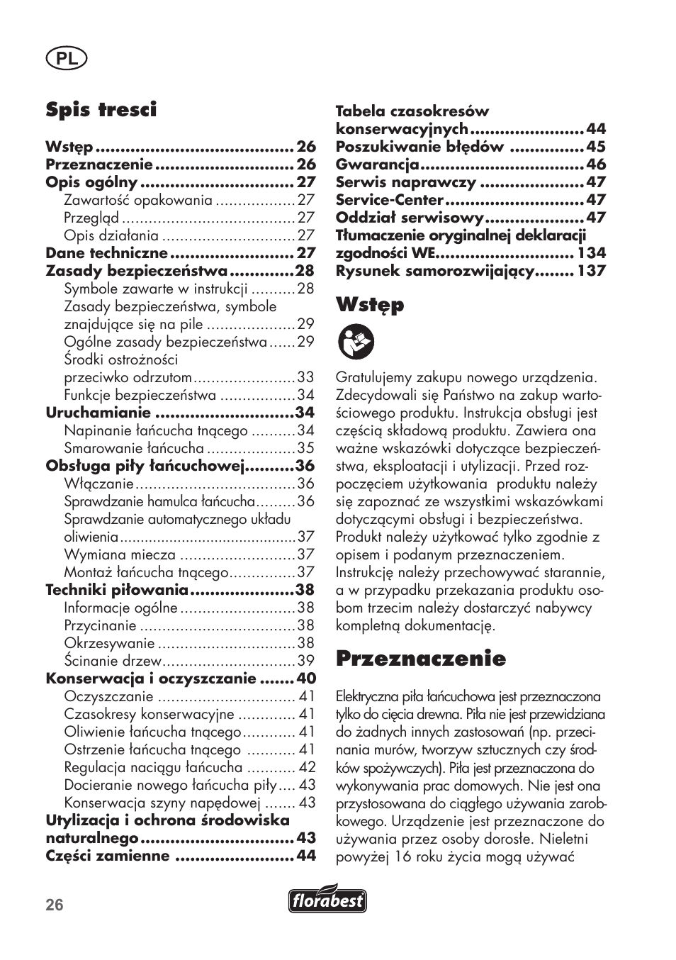 Przeznaczenie, Wstęp, Spis tresci | Florabest FKS 2200 B1 User Manual | Page 26 / 140