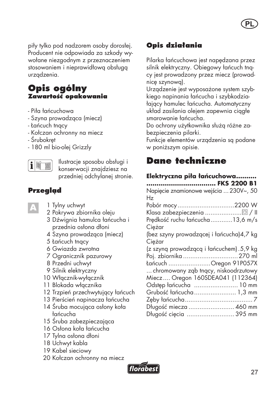 Opis ogólny, Dane techniczne | Florabest FKS 2200 B1 User Manual | Page 27 / 140