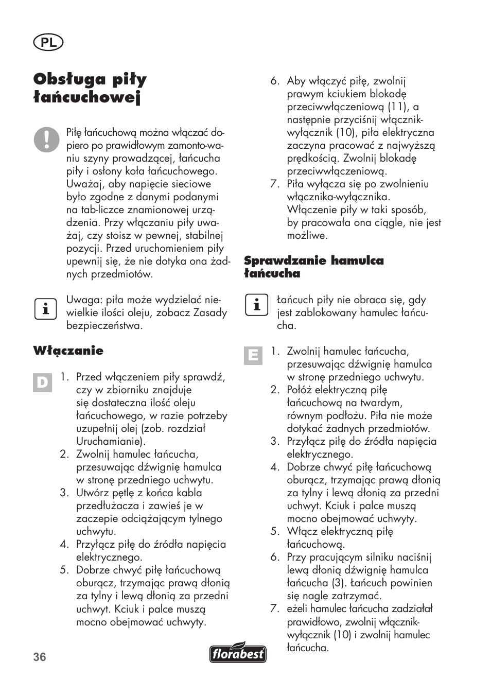 Obsługa piły łańcuchowej | Florabest FKS 2200 B1 User Manual | Page 36 / 140