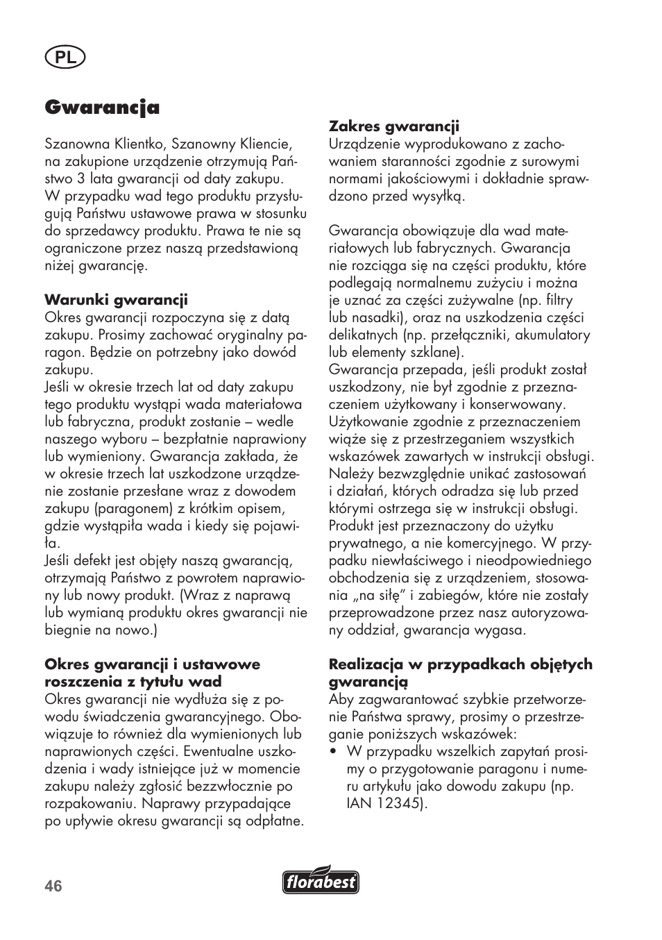Gwarancja | Florabest FKS 2200 B1 User Manual | Page 46 / 140