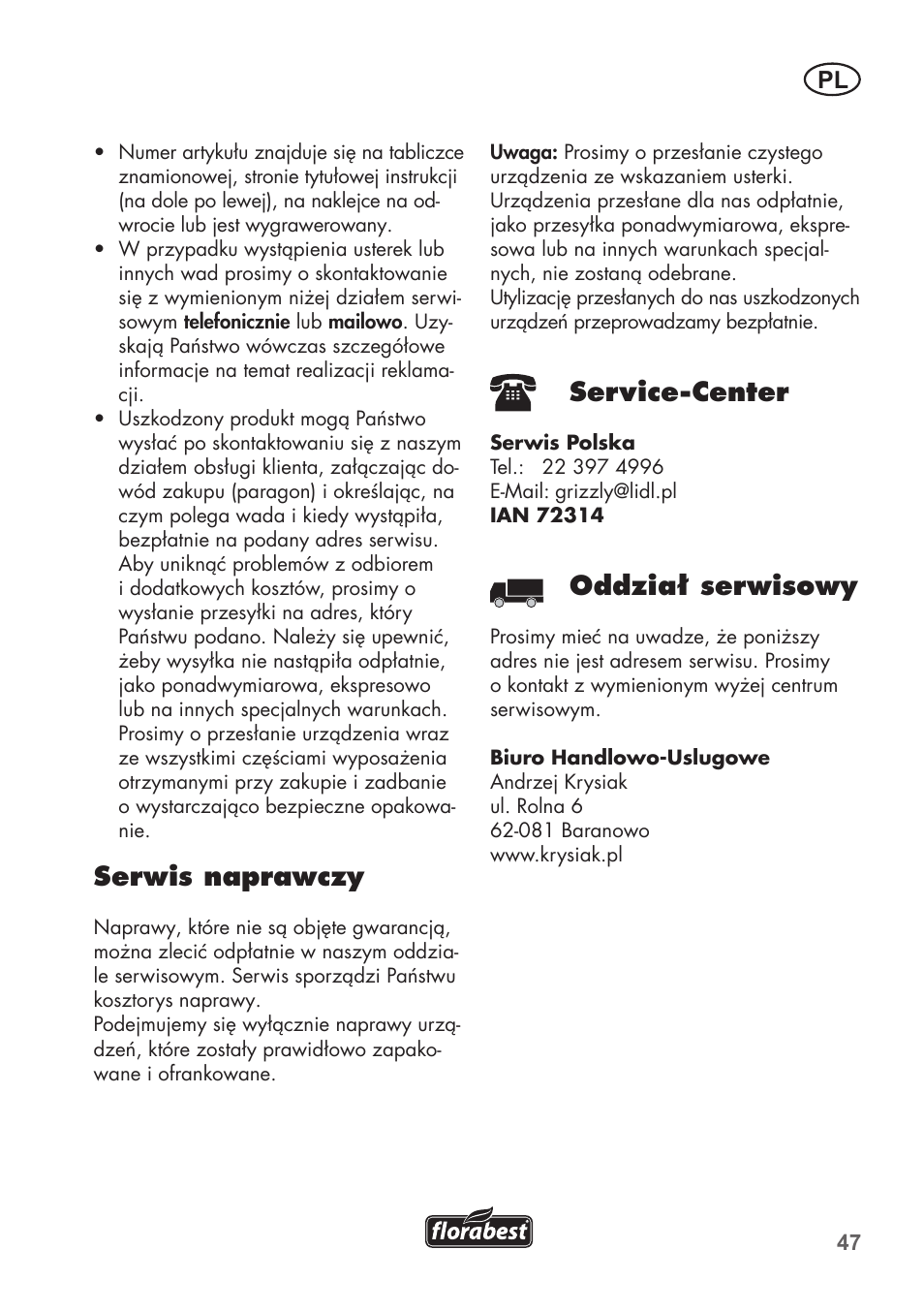 Serwis naprawczy, Service-center, Oddział serwisowy | Florabest FKS 2200 B1 User Manual | Page 47 / 140