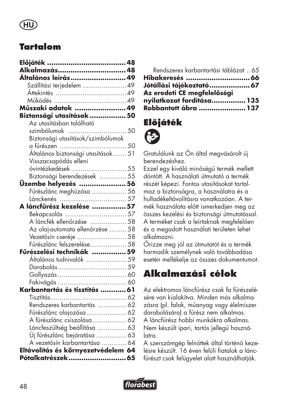 Alkalmazási célok, Előjáték, Tartalom | Florabest FKS 2200 B1 User Manual | Page 48 / 140