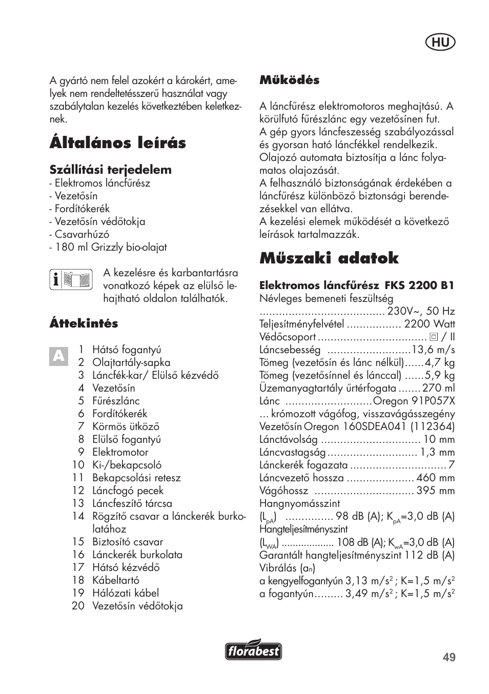 Általános leírás, Műszaki adatok | Florabest FKS 2200 B1 User Manual | Page 49 / 140