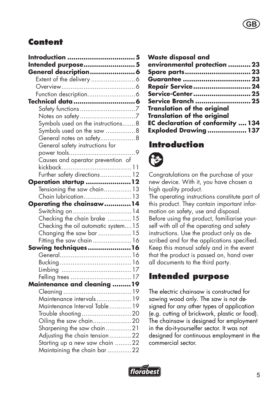 Introduction, Intended purpose, Content | Florabest FKS 2200 B1 User Manual | Page 5 / 140