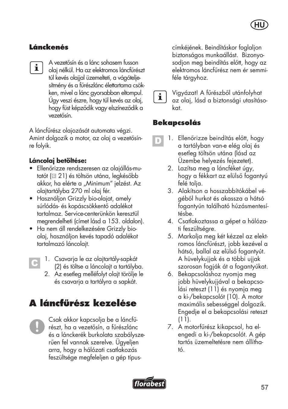 A láncfűrész kezelése | Florabest FKS 2200 B1 User Manual | Page 57 / 140