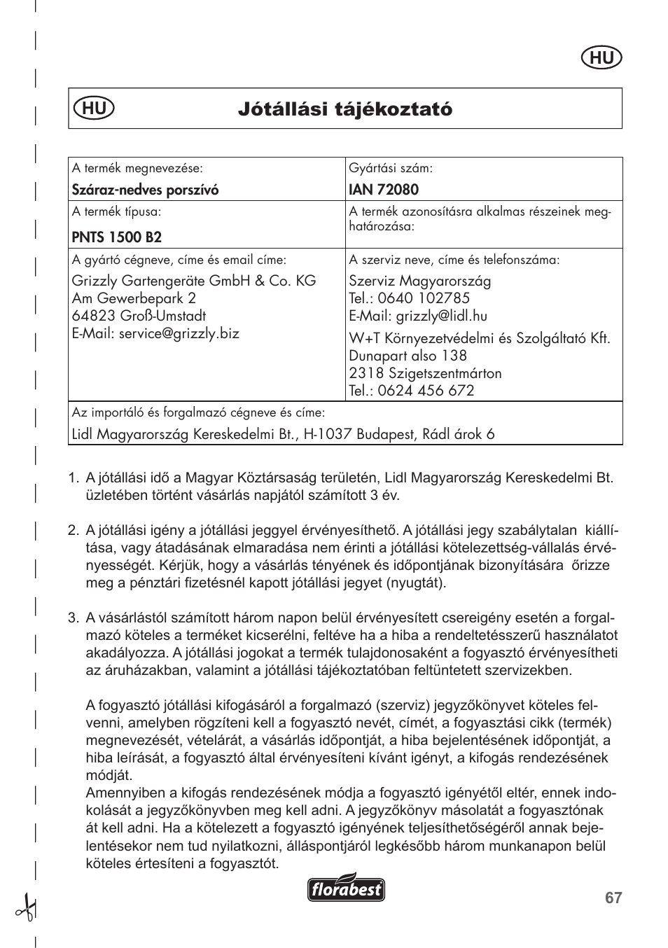 Jótállási tájékoztató | Florabest FKS 2200 B1 User Manual | Page 67 / 140