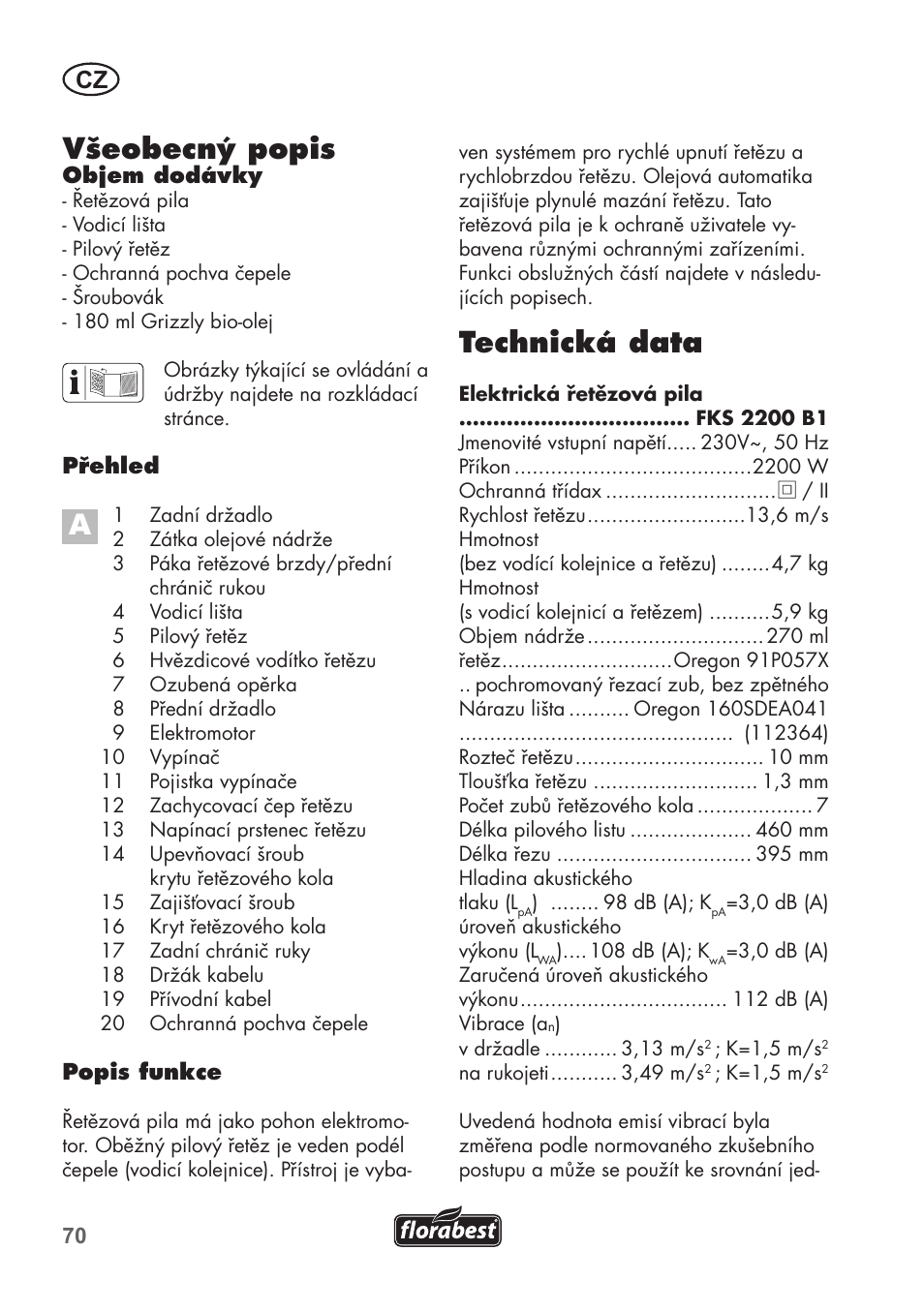 Všeobecný popis, Technická data | Florabest FKS 2200 B1 User Manual | Page 70 / 140