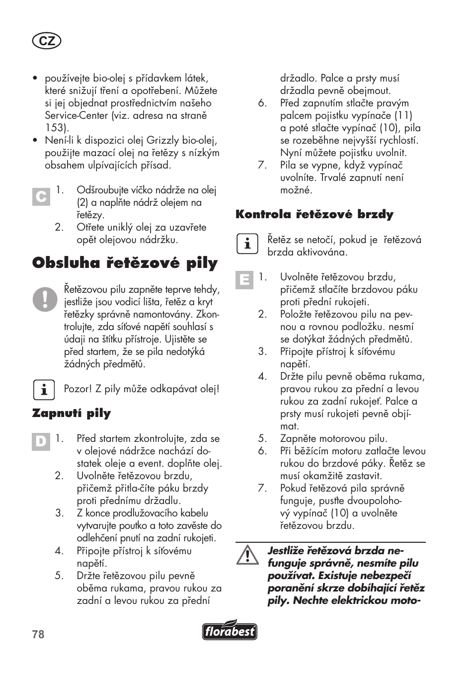 Obsluha řetězové pily | Florabest FKS 2200 B1 User Manual | Page 78 / 140