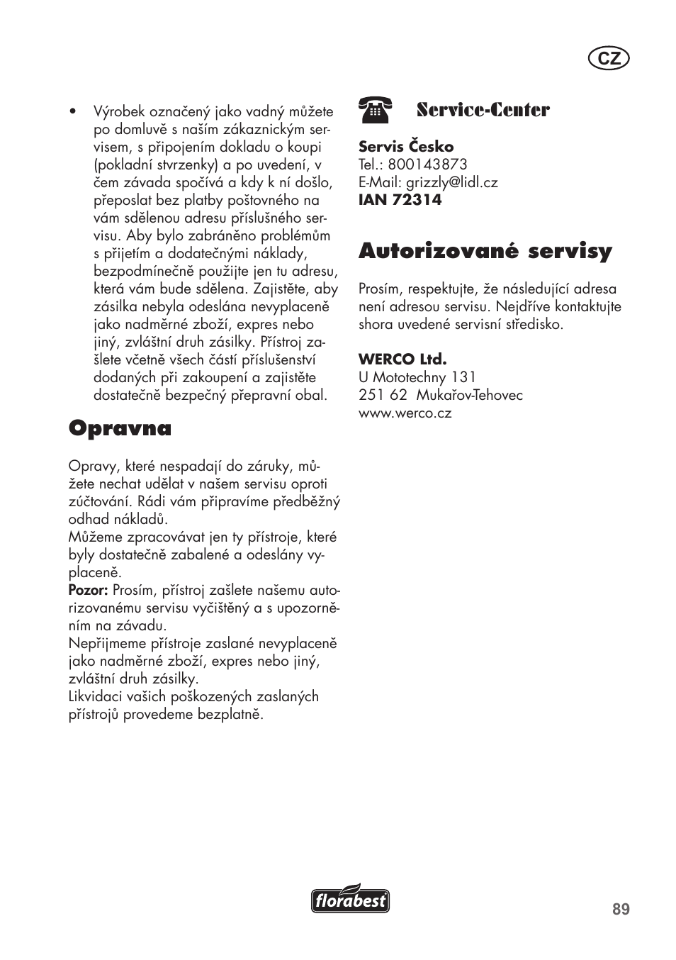 Opravna, Service-center, Autorizované servisy | Florabest FKS 2200 B1 User Manual | Page 89 / 140