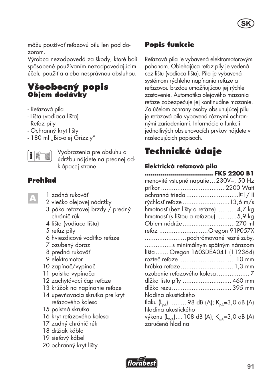 Všeobecný popis, Technické údaje | Florabest FKS 2200 B1 User Manual | Page 91 / 140
