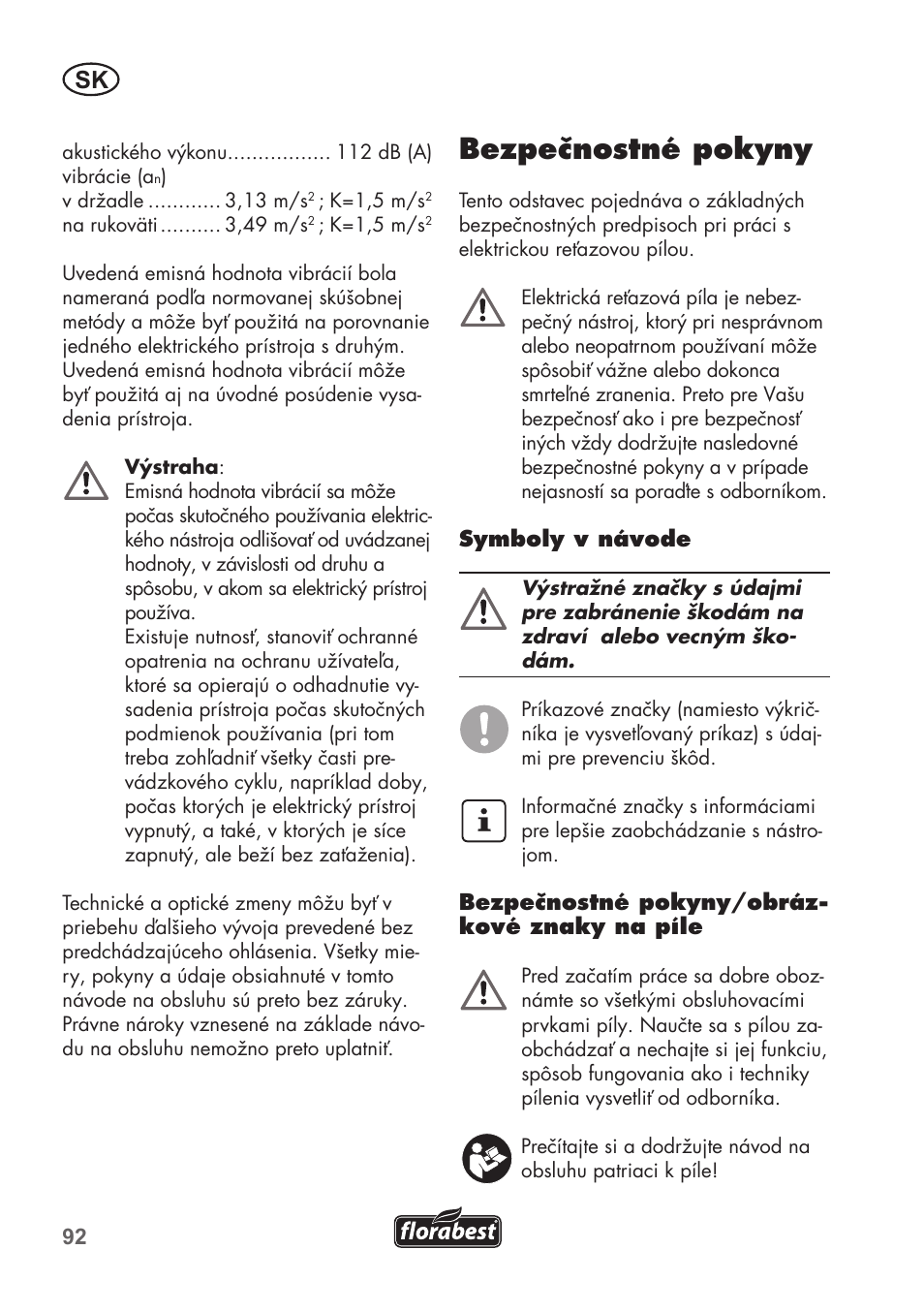 Bezpečnostné pokyny | Florabest FKS 2200 B1 User Manual | Page 92 / 140