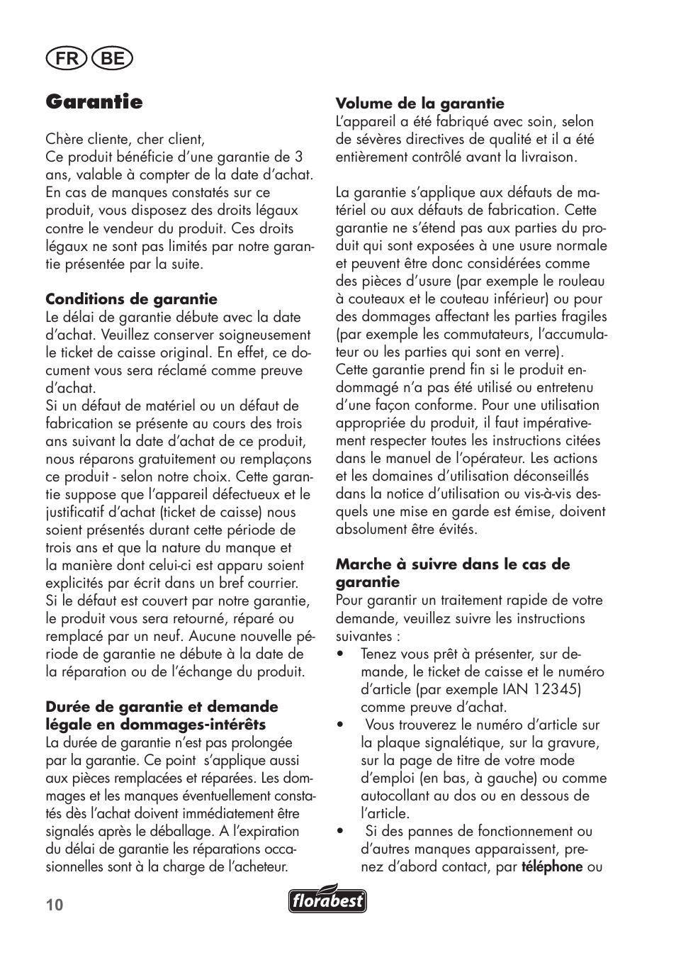 Garantie, Fr be | Florabest FHM 38 A1 User Manual | Page 10 / 34