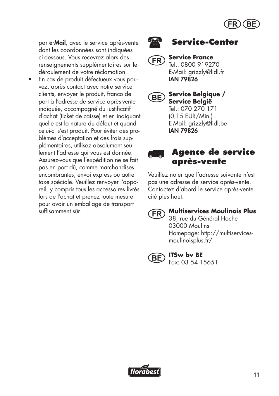 Service-center, Agence de service après-vente, Fr be | Fr be be | Florabest FHM 38 A1 User Manual | Page 11 / 34
