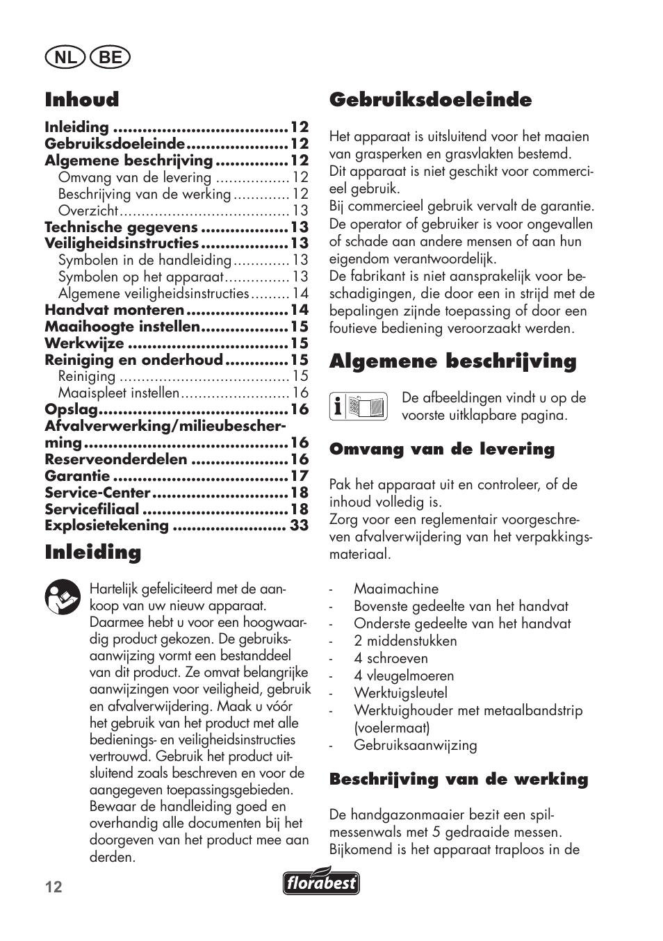 Gebruiksdoeleinde, Algemene beschrijving, Inhoud | Inleiding, Nl be | Florabest FHM 38 A1 User Manual | Page 12 / 34