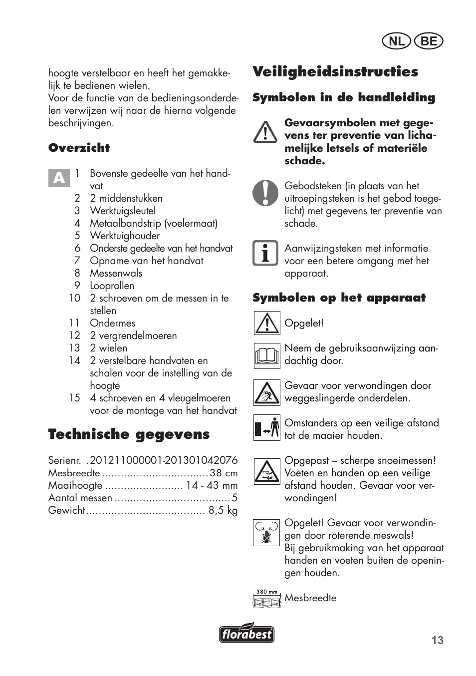 Technische gegevens, Veiligheidsinstructies, Be nl | Florabest FHM 38 A1 User Manual | Page 13 / 34