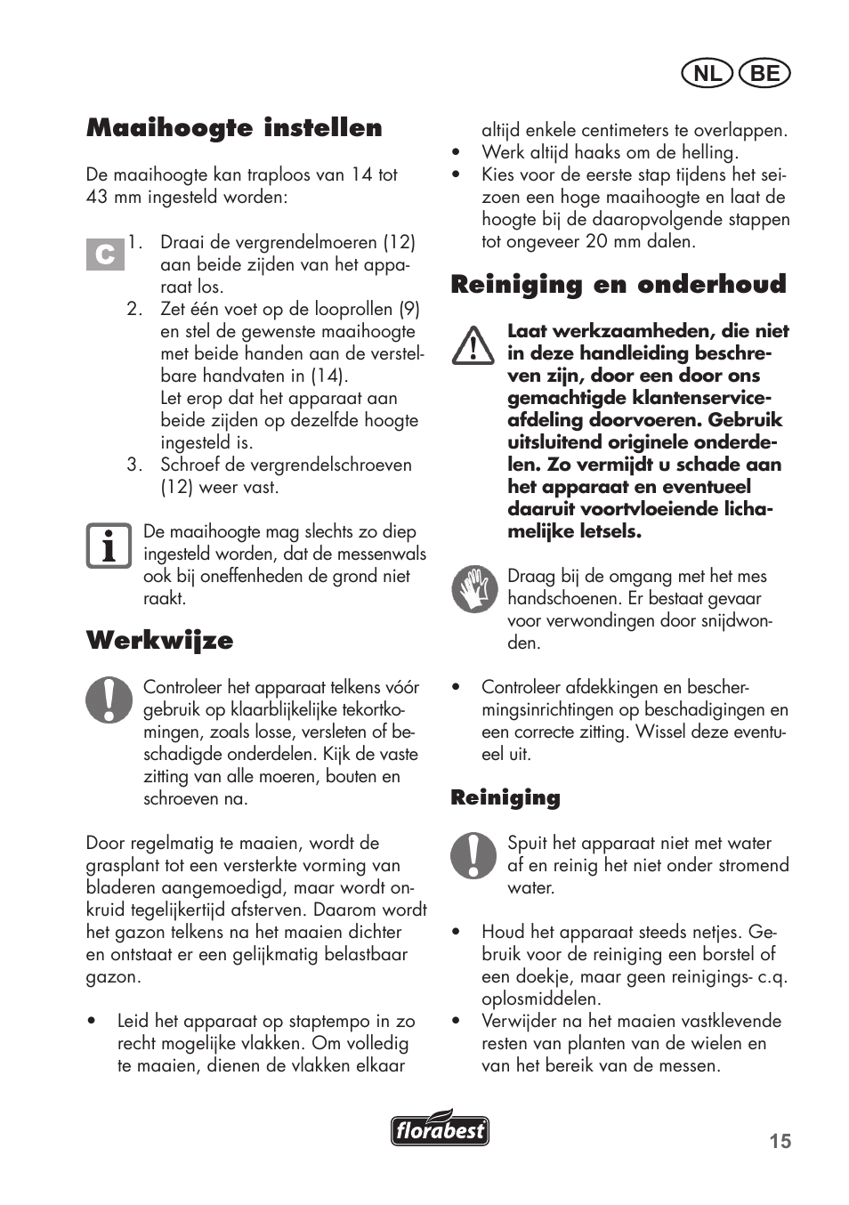 Maaihoogte instellen, Werkwijze, Reiniging en onderhoud | Be nl | Florabest FHM 38 A1 User Manual | Page 15 / 34