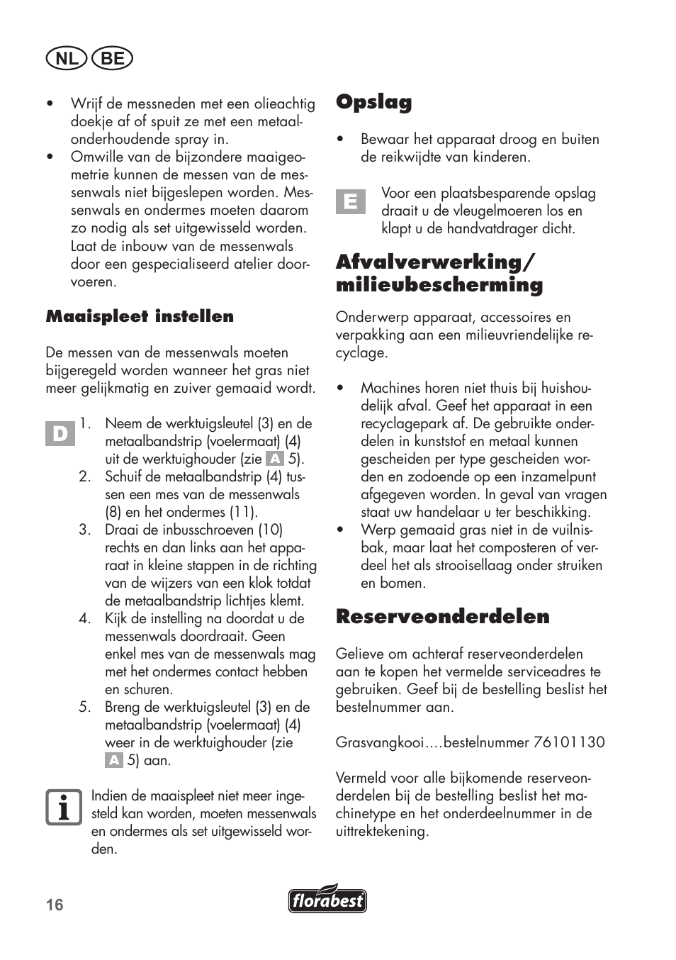 Opslag, Afvalverwerking/ milieubescherming, Reserveonderdelen | Nl be | Florabest FHM 38 A1 User Manual | Page 16 / 34