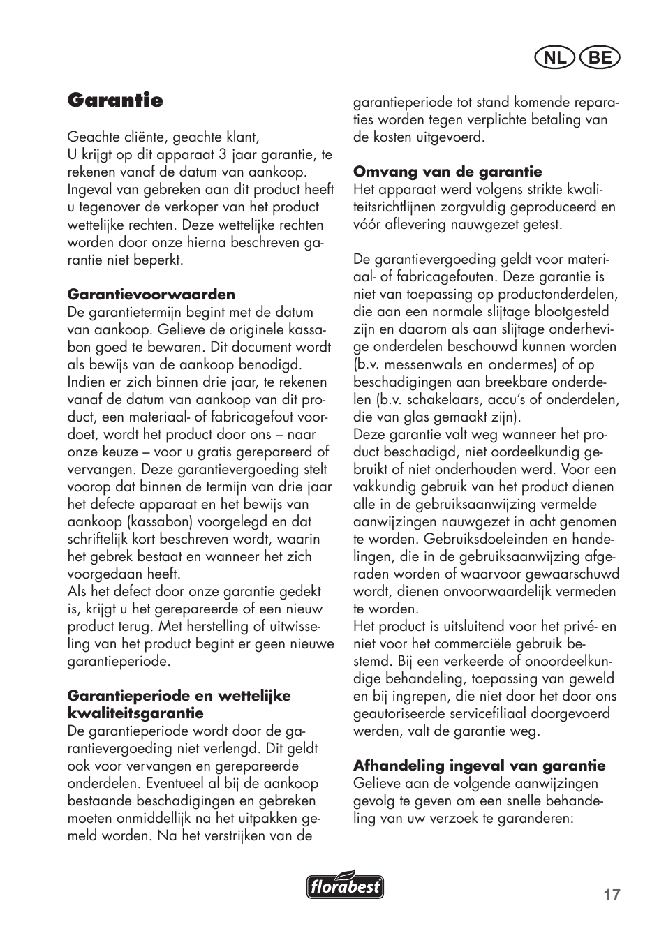 Garantie, Be nl | Florabest FHM 38 A1 User Manual | Page 17 / 34