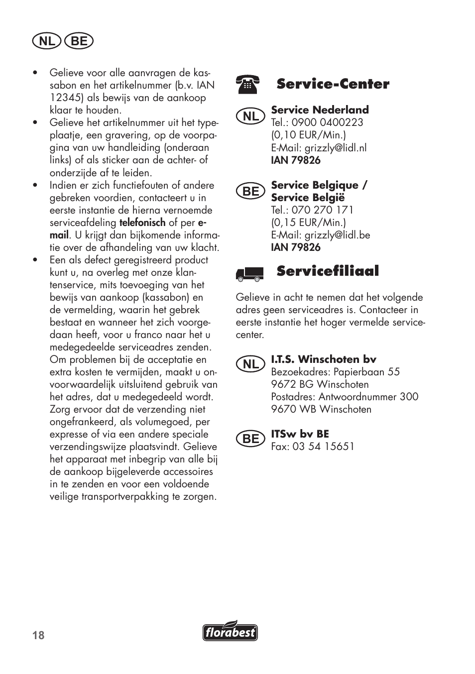 Service-center, Servicefiliaal, Nl be | Nl be nl be | Florabest FHM 38 A1 User Manual | Page 18 / 34