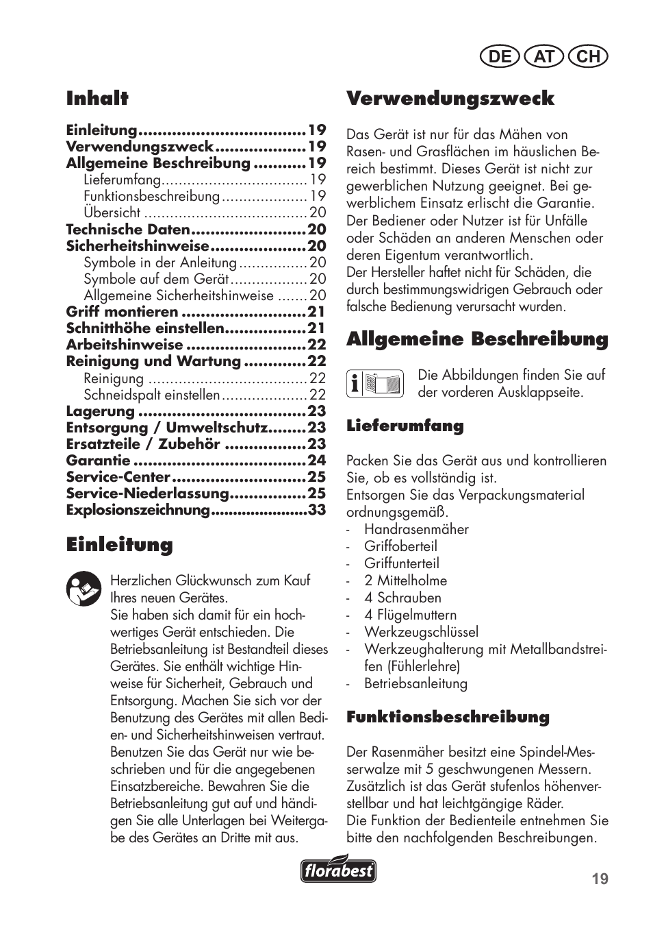Inhalt, Einleitung, Verwendungszweck | Allgemeine beschreibung, De at ch | Florabest FHM 38 A1 User Manual | Page 19 / 34