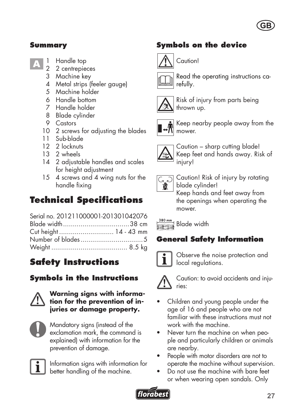 Technical specifications, Safety instructions | Florabest FHM 38 A1 User Manual | Page 27 / 34